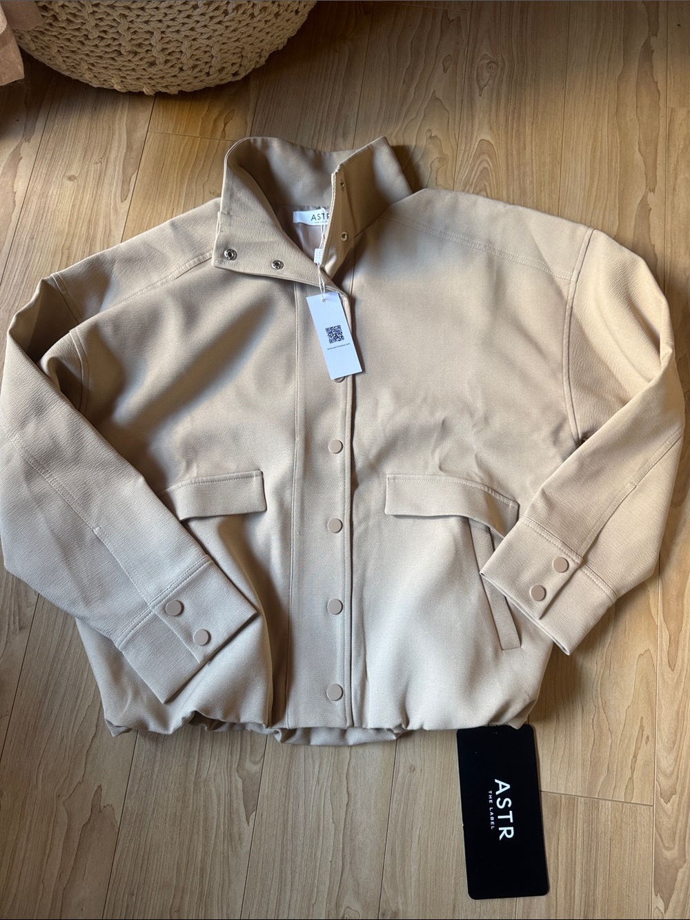 Astr Beige Cropped Snap-Front Bomber Jacket